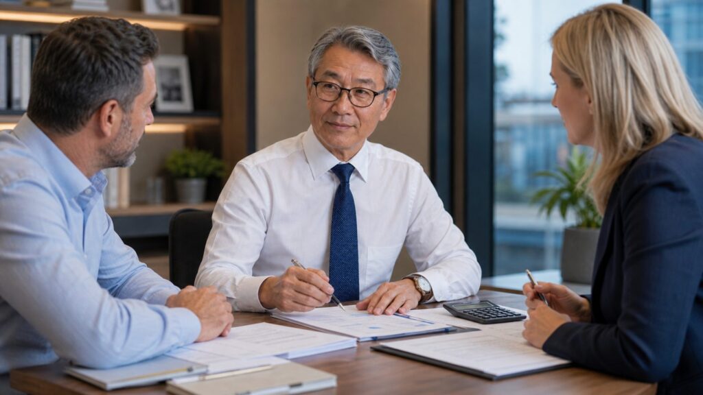 Simon Cho가 사업체 매각 세금 자료와 자산별 가격 배분을 전문가들과 검토하는 모습
